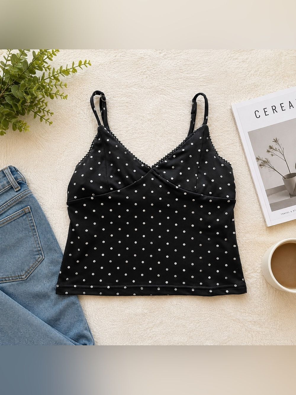 Black Silver Polka Dot Lace Trim Cami Tank Top Strappy Crop Size S